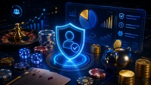 Futuristic casino finance dashboard scene